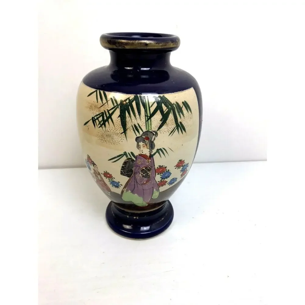 Japanese Vase 12' Geisha Girls Blue Gold Ancient Scene Asian Art Ceramic